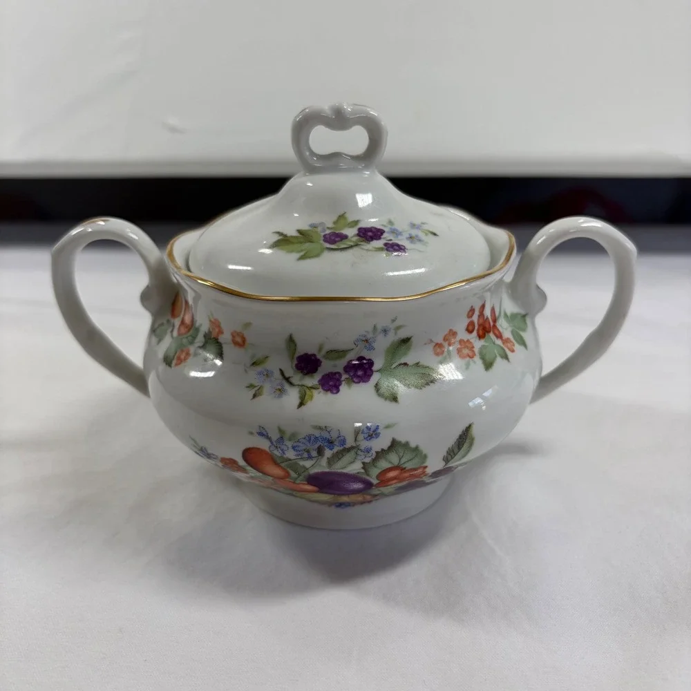 Karolina Poland Porcelain Sugar Bowl and Creamer Set Fruit Floral Gold Trim